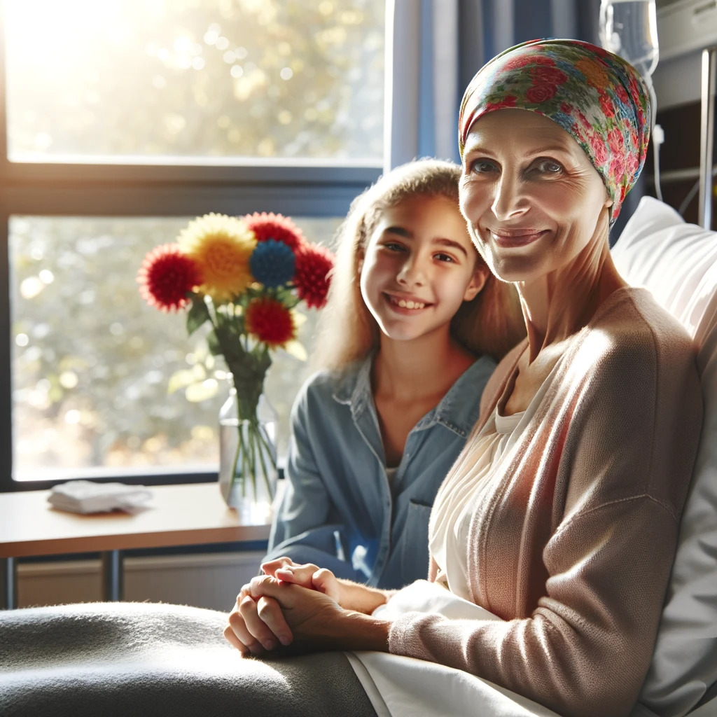 DALL·E 2023-11-17 13.57.37 – A heartwarming scene in a hospital room, showing a middle-aged woman with a warm smile, wearing a colorful headscarf and sitting in a hospital bed. Ne